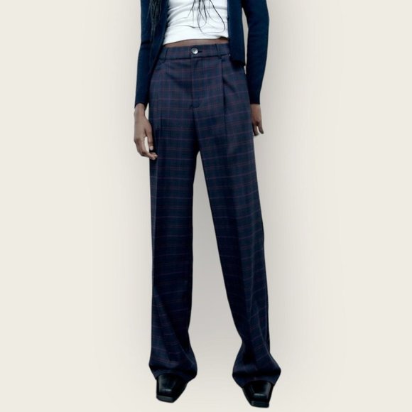 Zara Pants & Jumpsuits Zara High Rise Pleated Front Wide Leg Plaid
